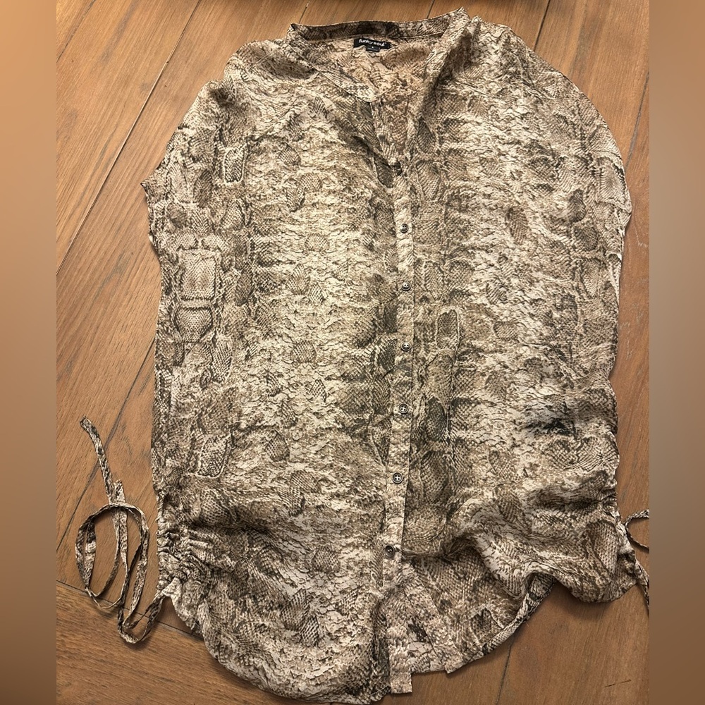 Cream and Brown Ruched Button Down Shirt with Mandarin Collar